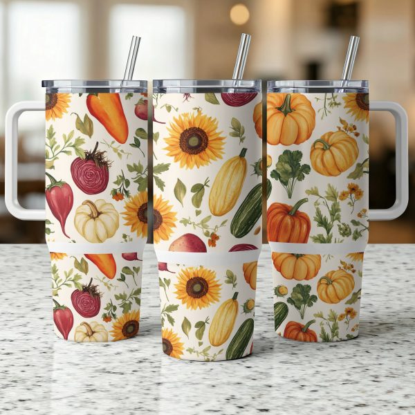 Autumn Harvest Floral Tumbler Wrap, Fall Season 40oz Sublimation Tumbler, Reusable Drinkware, Vibrant Floral Pumpkin Design, Unique Gift - Image 3