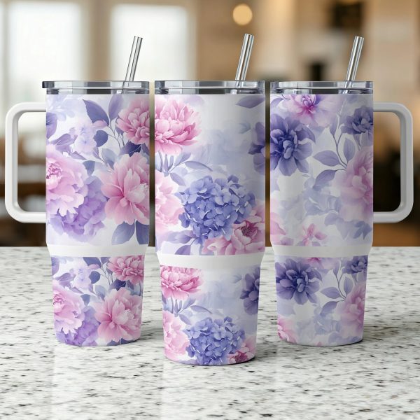 Floral 40oz Sublimation Tumbler Wrap, Purple and Pink Flowers Tumbler, Large Capacity Floral Tumbler, Reusable Drinkware - Image 3