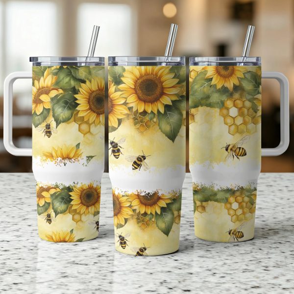 Sunflower and Bee 40oz Sublimation Tumbler PNG, Summer Floral Bumblebee Tumbler Design, Yellow Flower Tumbler Wrap, Honeycomb Tumbler