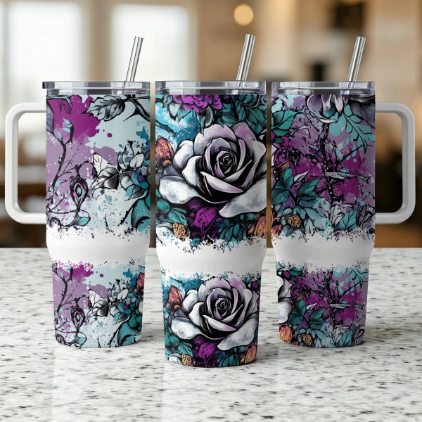 Floral gothic 40oz Sublimation Tumbler digital download, Rose flower tumbler PNG, Dark flower design tumbler wrap, 40oz tumbler art design