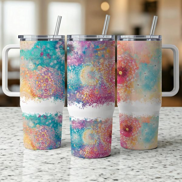 Colorful Floral Explosion on 40oz Sublimation Tumbler PNG, Bright Abstract Design for Drinkware, Vibrant Tumbler Digital Download