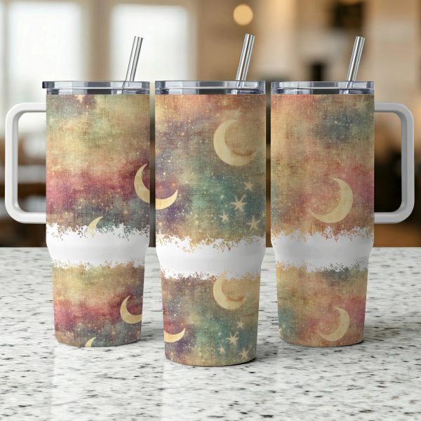 Moon and Stars 40oz Sublimation Tumbler, Celestial Design PNG for DIY Tumblers, Cosmic Art Tumbler Wrap Decal, Starry Night Tumbler