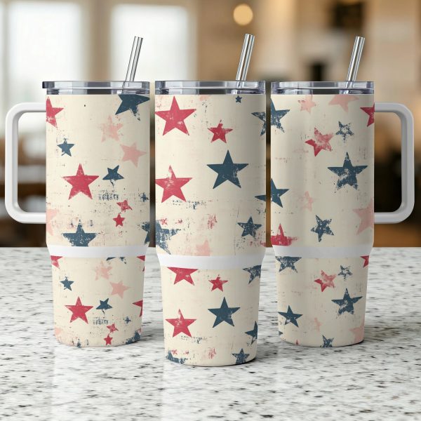 Patriotic USA Stars Design, 40oz Sublimation Tumbler PNG, Independence Day Star Pattern, Red White Blue Tumbler Wrap - Image 2