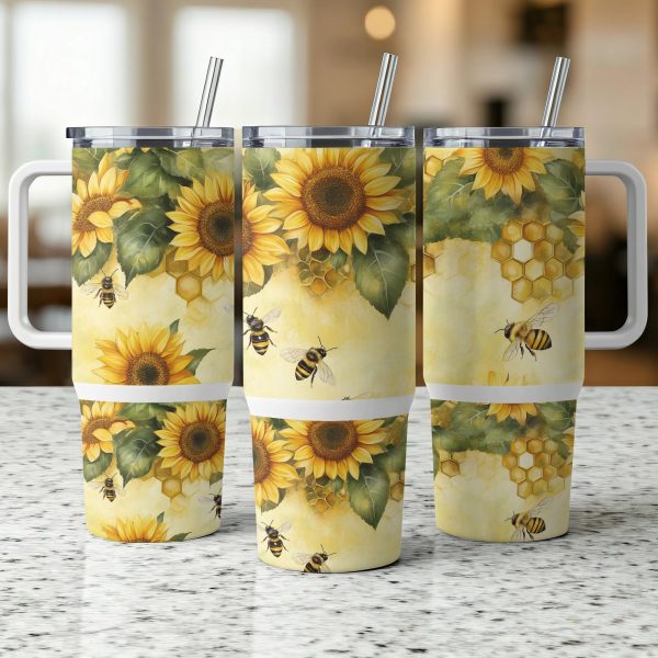 Sunflower and Bee 40oz Sublimation Tumbler PNG, Summer Floral Bumblebee Tumbler Design, Yellow Flower Tumbler Wrap, Honeycomb Tumbler - Image 2