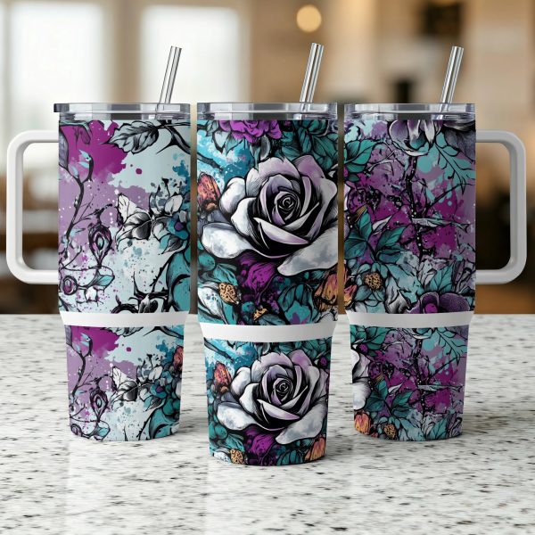 Floral gothic 40oz Sublimation Tumbler digital download, Rose flower tumbler PNG, Dark flower design tumbler wrap, 40oz tumbler art design - Image 2