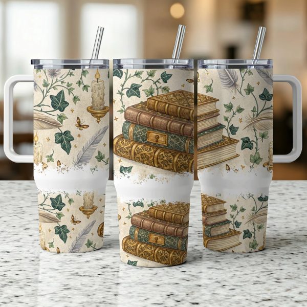 Vintage Book Lover 40oz Sublimation Tumbler Wrap, Classic Library Book Design Tumbler, Retro Book Stack Coffee Tumbler Wrap