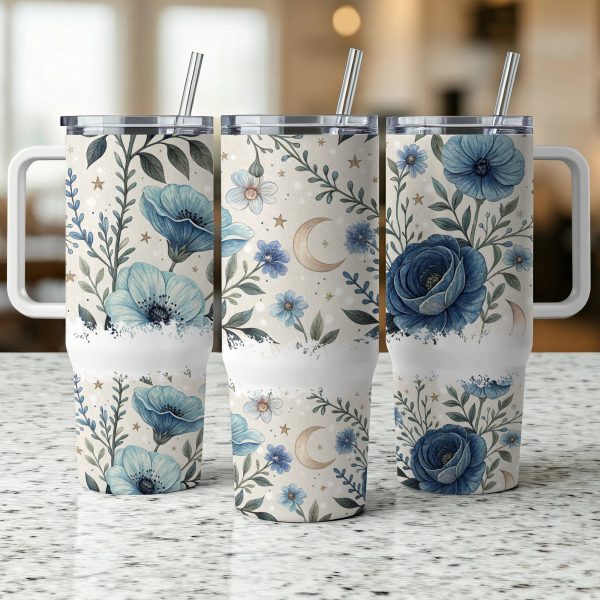 Floral Moon Star Tumbler Wrap 40oz, Blue Flower 40oz Tumbler Wrap, Night Sky Tumbler Design, 40oz Floral Sublimation Wrap