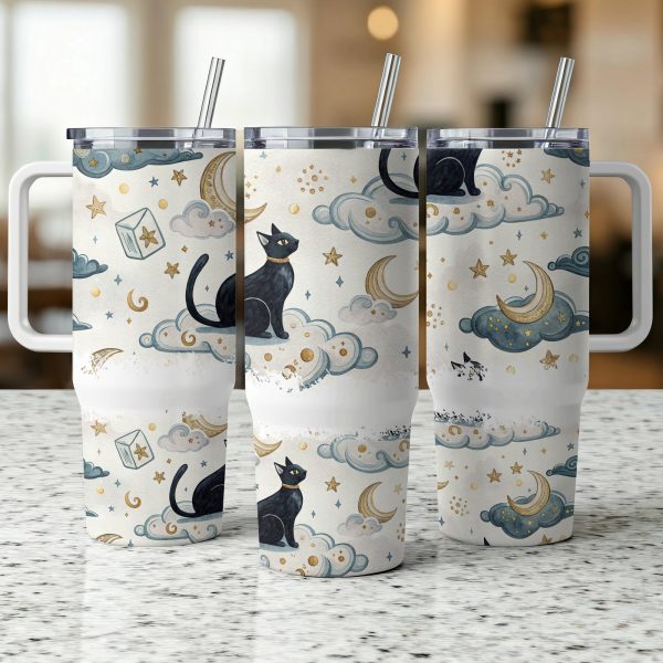 Black Cat 40oz Sublimation Tumbler Wrap, Cute Night Sky Design, Stars and Moon Theme, Reusable Insulated Travel Tumbler