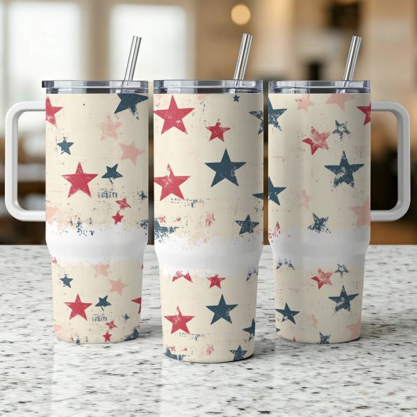 Patriotic USA Stars Design, 40oz Sublimation Tumbler PNG, Independence Day Star Pattern, Red White Blue Tumbler Wrap