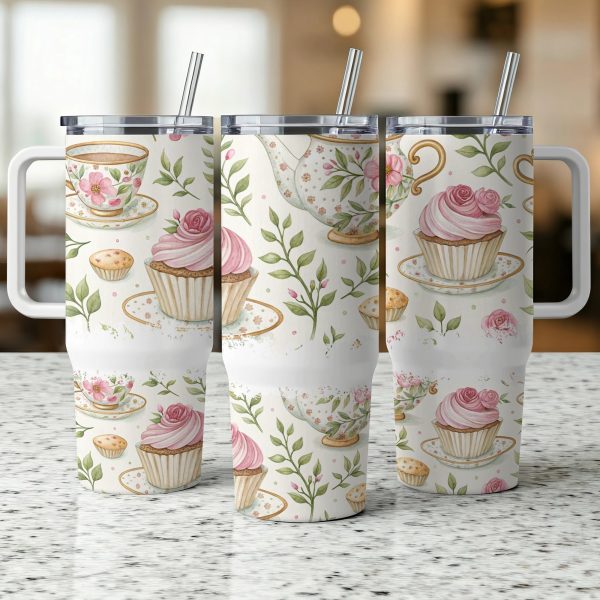 Vintage Floral Tea Party 40oz Sublimation Tumbler Wrap, Cupcakes and Teacups Design, Perfect Gift for Tea Lovers, Reusable