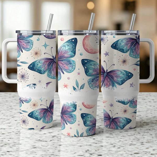 Butterfly Moon Stars Wrap for 40oz Sublimation Tumbler, Boho Butterfly Tumbler Wrap, Galaxy Tumbler Wrap, Custom Tumbler Design