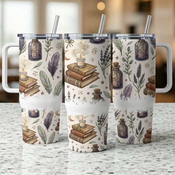 40oz Sublimation Tumbler Wrap, Witchy Stack of Old Books and Herbs Print, Vintage Apothecary, Coffee Tea Travel Mug