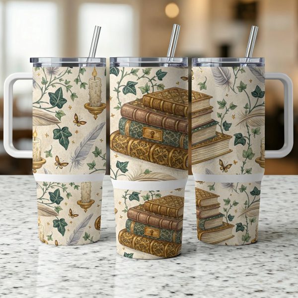 Vintage Book Lover 40oz Sublimation Tumbler Wrap, Classic Library Book Design Tumbler, Retro Book Stack Coffee Tumbler Wrap - Image 3