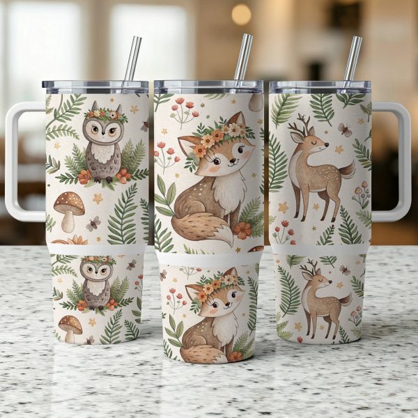 Cute Woodland Creatures 40oz Sublimation Tumbler Wrap, Fox Owl and Deer Design, Nature Inspired Tumbler, Perfect Gift for Nature Lovers - Image 3