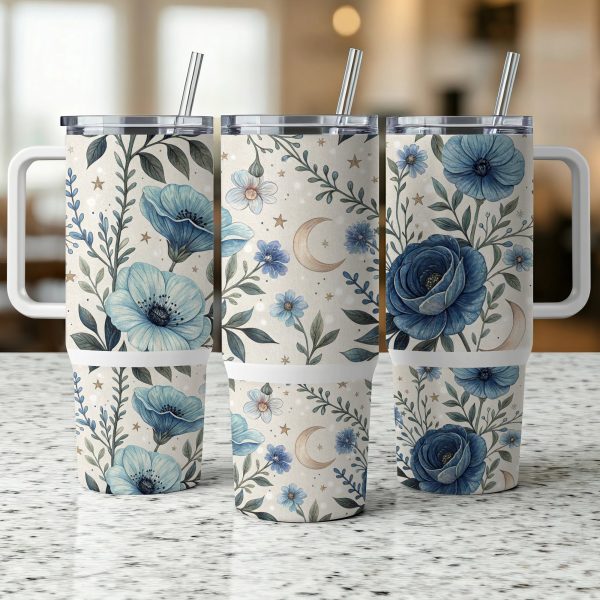 Floral Moon Star Tumbler Wrap 40oz, Blue Flower 40oz Tumbler Wrap, Night Sky Tumbler Design, 40oz Floral Sublimation Wrap - Image 3