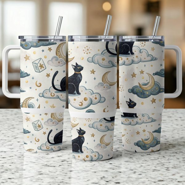 Black Cat 40oz Sublimation Tumbler Wrap, Cute Night Sky Design, Stars and Moon Theme, Reusable Insulated Travel Tumbler - Image 3