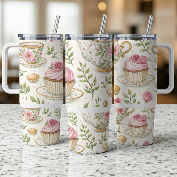 Vintage Floral Tea Party 40oz Sublimation Tumbler Wrap, Cupcakes and Teacups Design, Perfect Gift for Tea Lovers, Reusable - Image 3