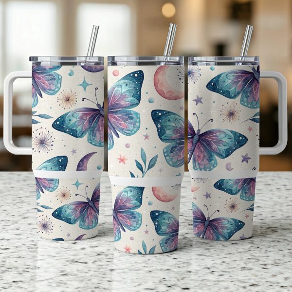 Butterfly Moon Stars Wrap for 40oz Sublimation Tumbler, Boho Butterfly Tumbler Wrap, Galaxy Tumbler Wrap, Custom Tumbler Design - Image 3