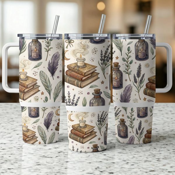 40oz Sublimation Tumbler Wrap, Witchy Stack of Old Books and Herbs Print, Vintage Apothecary, Coffee Tea Travel Mug - Image 3