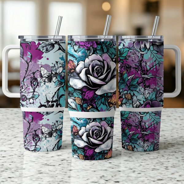 Floral gothic 40oz Sublimation Tumbler digital download, Rose flower tumbler PNG, Dark flower design tumbler wrap, 40oz tumbler art design - Image 5