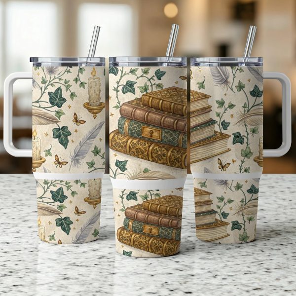 Vintage Book Lover 40oz Sublimation Tumbler Wrap, Classic Library Book Design Tumbler, Retro Book Stack Coffee Tumbler Wrap - Image 5