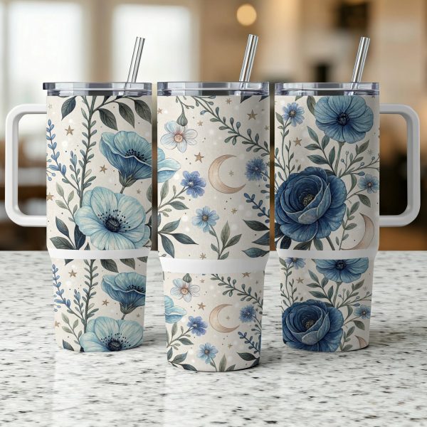 Floral Moon Star Tumbler Wrap 40oz, Blue Flower 40oz Tumbler Wrap, Night Sky Tumbler Design, 40oz Floral Sublimation Wrap - Image 5