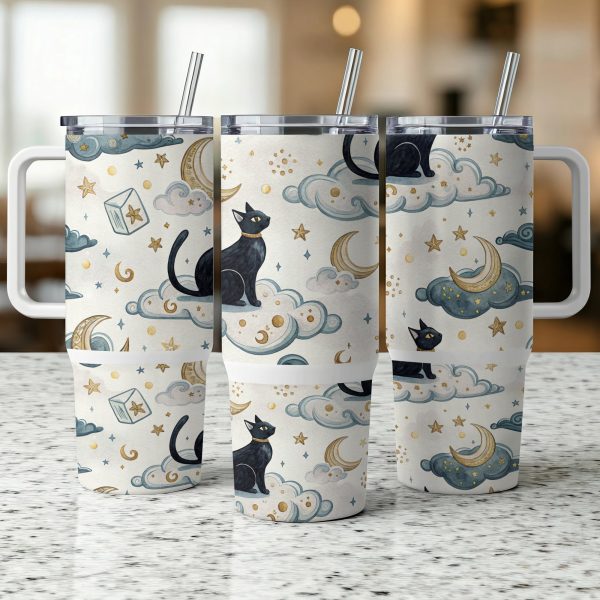 Black Cat 40oz Sublimation Tumbler Wrap, Cute Night Sky Design, Stars and Moon Theme, Reusable Insulated Travel Tumbler - Image 5