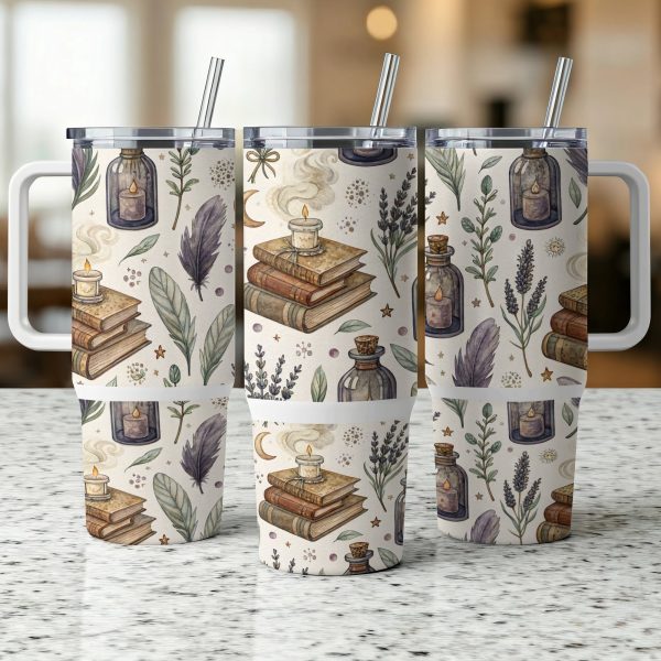 40oz Sublimation Tumbler Wrap, Witchy Stack of Old Books and Herbs Print, Vintage Apothecary, Coffee Tea Travel Mug - Image 5