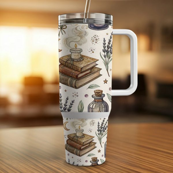 40oz Sublimation Tumbler Wrap, Witchy Stack of Old Books and Herbs Print, Vintage Apothecary, Coffee Tea Travel Mug - Image 4