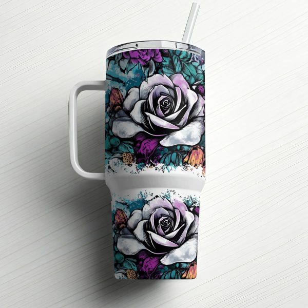 Floral gothic 40oz Sublimation Tumbler digital download, Rose flower tumbler PNG, Dark flower design tumbler wrap, 40oz tumbler art design - Image 6