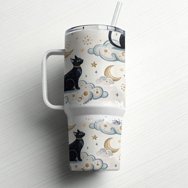 Black Cat 40oz Sublimation Tumbler Wrap, Cute Night Sky Design, Stars and Moon Theme, Reusable Insulated Travel Tumbler - Image 6