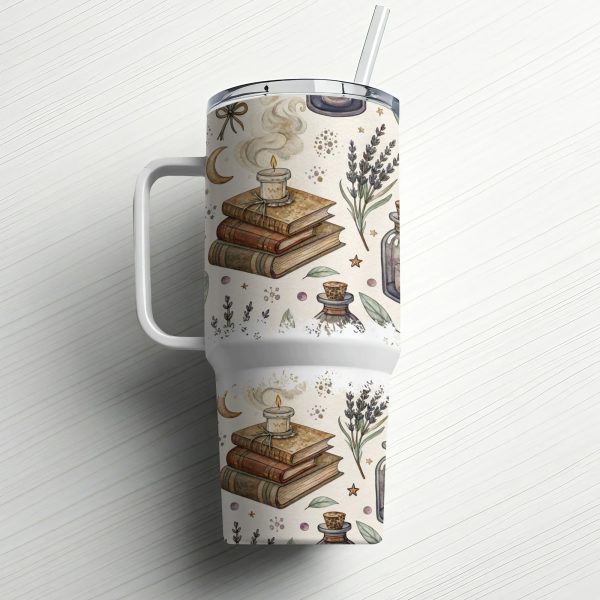 40oz Sublimation Tumbler Wrap, Witchy Stack of Old Books and Herbs Print, Vintage Apothecary, Coffee Tea Travel Mug - Image 6