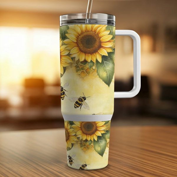 Sunflower and Bee 40oz Sublimation Tumbler PNG, Summer Floral Bumblebee Tumbler Design, Yellow Flower Tumbler Wrap, Honeycomb Tumbler - Image 3