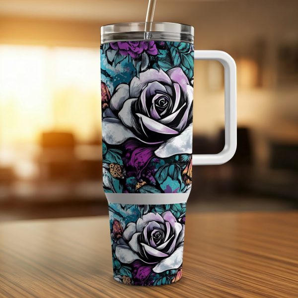 Floral gothic 40oz Sublimation Tumbler digital download, Rose flower tumbler PNG, Dark flower design tumbler wrap, 40oz tumbler art design - Image 3