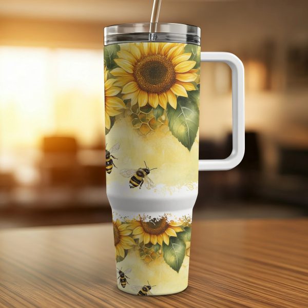 Sunflower and Bee 40oz Sublimation Tumbler PNG, Summer Floral Bumblebee Tumbler Design, Yellow Flower Tumbler Wrap, Honeycomb Tumbler - Image 4