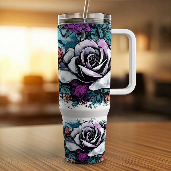 Floral gothic 40oz Sublimation Tumbler digital download, Rose flower tumbler PNG, Dark flower design tumbler wrap, 40oz tumbler art design - Image 4