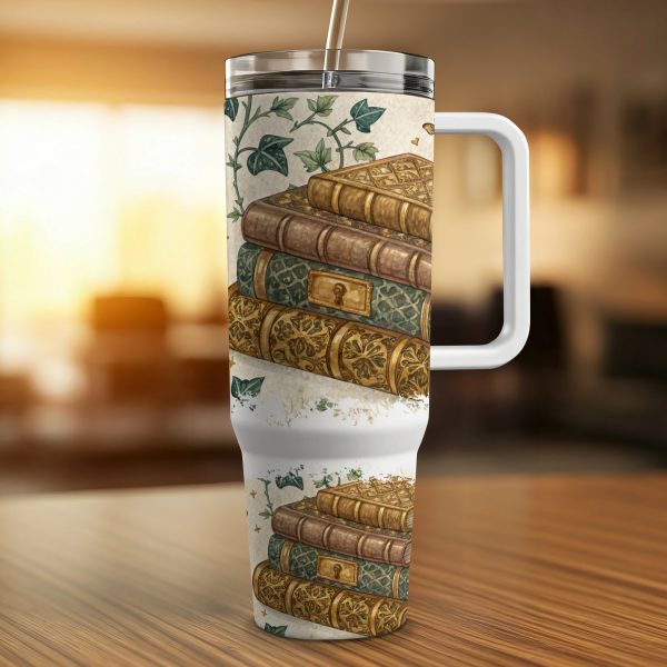 Vintage Book Lover 40oz Sublimation Tumbler Wrap, Classic Library Book Design Tumbler, Retro Book Stack Coffee Tumbler Wrap - Image 2