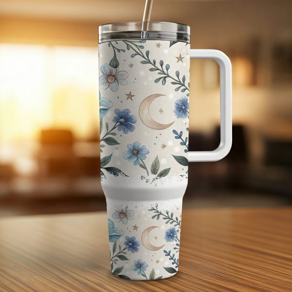 Floral Moon Star Tumbler Wrap 40oz, Blue Flower 40oz Tumbler Wrap, Night Sky Tumbler Design, 40oz Floral Sublimation Wrap - Image 2