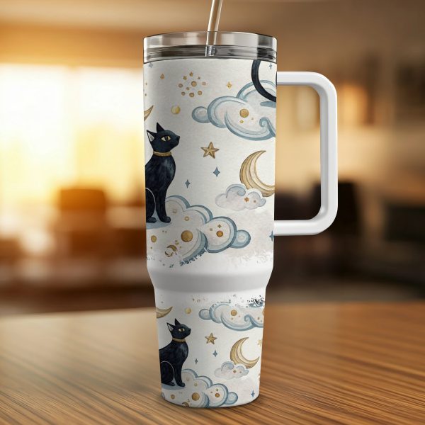 Black Cat 40oz Sublimation Tumbler Wrap, Cute Night Sky Design, Stars and Moon Theme, Reusable Insulated Travel Tumbler - Image 2