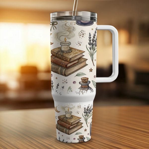 40oz Sublimation Tumbler Wrap, Witchy Stack of Old Books and Herbs Print, Vintage Apothecary, Coffee Tea Travel Mug - Image 2