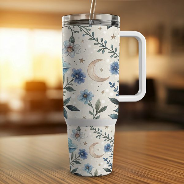 Floral Moon Star Tumbler Wrap 40oz, Blue Flower 40oz Tumbler Wrap, Night Sky Tumbler Design, 40oz Floral Sublimation Wrap - Image 4