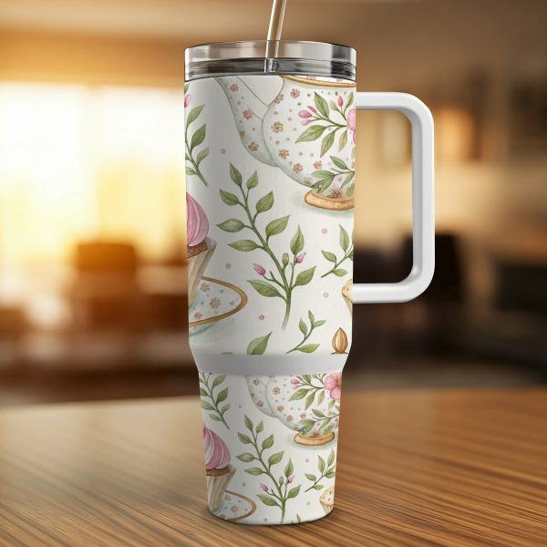 Vintage Floral Tea Party 40oz Sublimation Tumbler Wrap, Cupcakes and Teacups Design, Perfect Gift for Tea Lovers, Reusable - Image 4