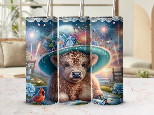 Cow Tumbler Wrap, Cute Highland, Fireworks Design, 20oz Skinny Sublimation, Floral Hat, Cardinal Bird, Aesthetic, Gift Idea - Image 2