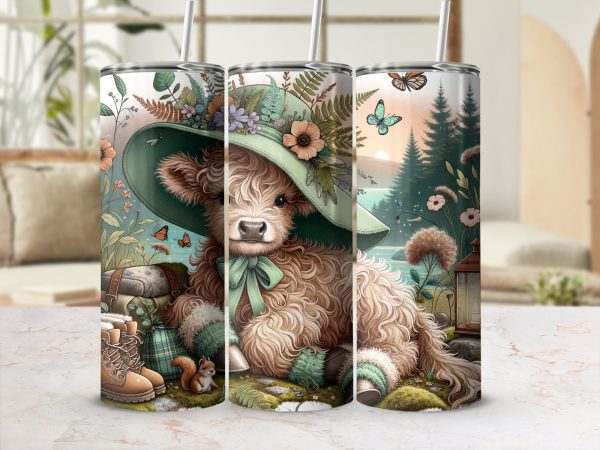 Highland Cow Tumbler Wrap, Floral Hat, 20oz Skinny Sublimation Design, Cute Animal, Nature Scene, Butterfly, Squirrel, Gift Idea - Image 2