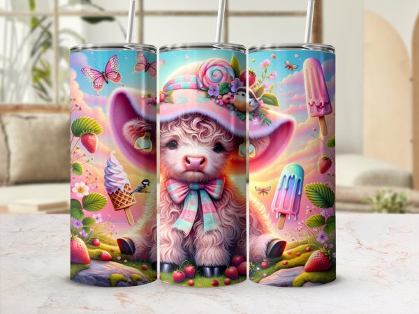 Cute Cow 20oz Skinny Sublimation Tumbler Wrap, Highland Cattle, Candy Hat, Butterfly Design, Bird, Ice Cream, Strawberry, Digital Download - Image 2