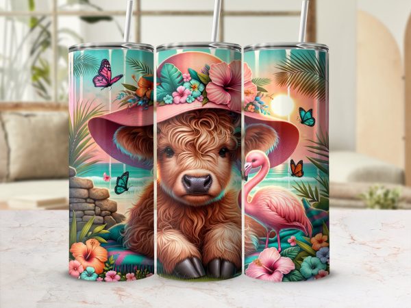 Floral Highland Cow 20oz Skinny Sublimation Tumbler Wrap, Flamingo, Butterfly, Beach, Tropical Flowers Tumbler Design, Digital Download - Image 2