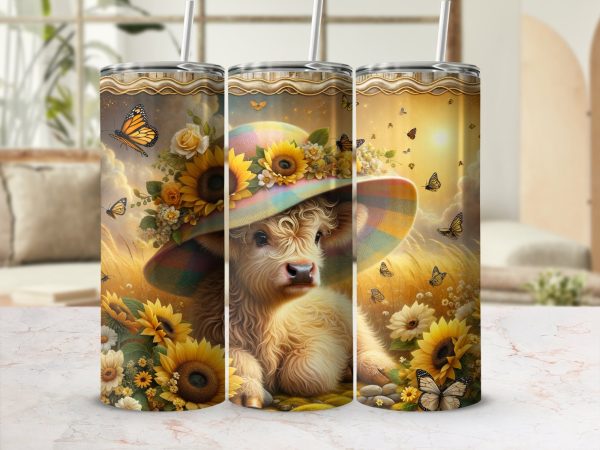 Highland Cow, Floral Hat, Butterfly Design 20oz Skinny Sublimation Tumbler Wrap, Cute Animal Lover Gift, Summer Vibes, Farmhouse Decor - Image 2