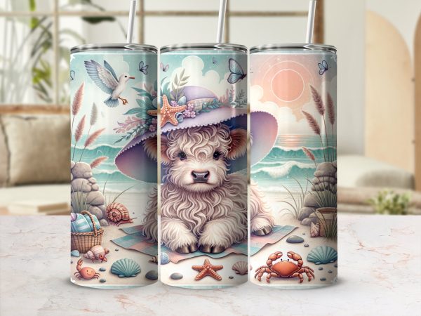 Highland Cow Tumbler Wrap, Beach, Summer, 20oz Skinny Sublimation Design, Butterflies, Seagull, Cute Animal, Coastal, Digital Download - Image 2