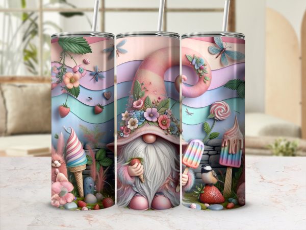 Strawberry Gnome 20oz Sublimation Skinny Tumbler Wrap, Floral Hat, Ice Cream Design, Pastel Background, Cute Drinkware, Digital Download - Image 2