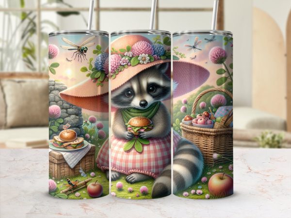 Picnic Raccoon 20oz Skinny Tumbler Wrap, Cute Animal, Floral Hat, Sublimation Design, Drinkware, Unique Gift Idea, Digital Download - Image 2
